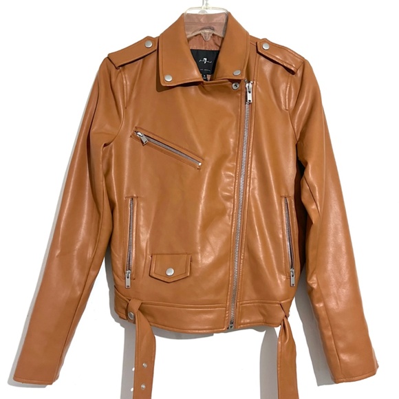 7 for All Mankind Faux Leather Belted Cropped Moto Jacket - Picture 1 of 16